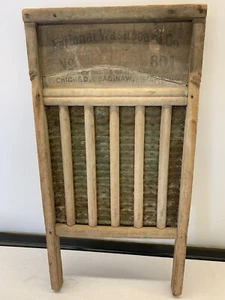 Antique Wooden Washboard~NATIONAL WASHBOARD CO.  Top Notch Brass King #801 - Picture 1 of 8