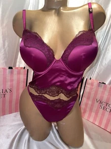 Victoria's Secret Bombshell Set 36D & Large Thong Raspberry Cooler Satin & Lace - Picture 1 of 3