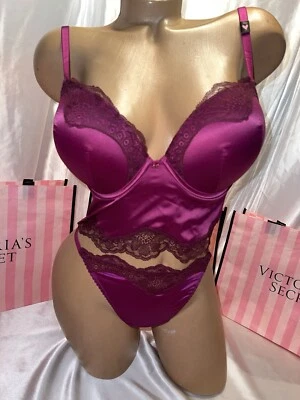 Victoria's Secret Bombshell Set 32D & Small Thong Raspberry Cooler Satin & Lace - Image 1 of 3