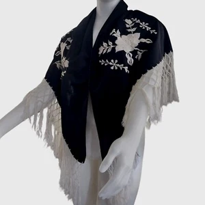 Boho Hippie Schal Halstuch schwer schwarz & weiß Blumenmuster Fransen bestickt eine Größe  - Bild 1 von 23