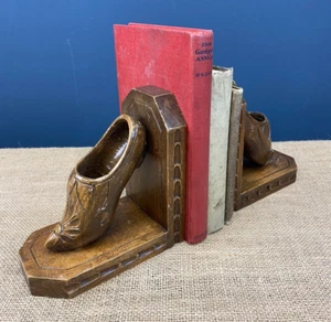PAIR VINTAGE HAND CARVED FRENCH SHOE CLOG WOODEN BOOK ENDS - Picture 1 of 7