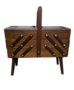 Vintage Wooden Accordion Sewing Box Made In ROMANIA 3 Tiers Dovetail With Legs - Picture 1 of 24