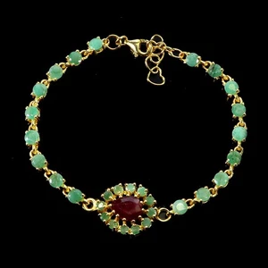 925 Sterling Silver Bracelet Pear Ruby 8x6mm Emerald Gemstone Jewelry 7.5inches - Picture 1 of 13