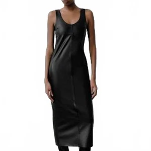 ZARA Black Faux Leather Maxi Column Dress V-Neck Sleeveless - Picture 1 of 9