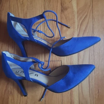 Unisa 高跟鞋女式 8.5 M 休闲尖头高跟鞋舒适蓝色面料系带 — 第 1/4 张图片