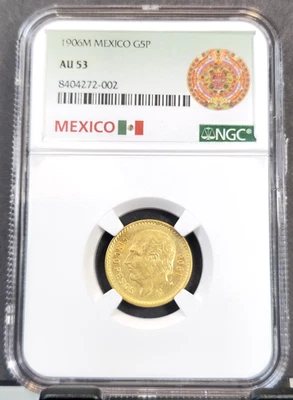 ORO MÉXICO 1906 5 PESOS HIDALGO NGC AU 53 ESCASA MONEDA DE GRAN ASPECTO Foto 1 de 3
