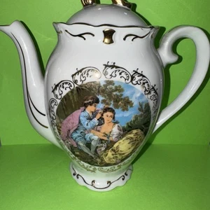 Tea Coffee Pot w Lid Courting Couple Vintage Enesco Gold - Picture 1 of 11