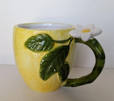 Coffee Cup Lemon Yellow w/White Lemon Blossom and Green Stem Handle/Leaves 16oz. - Image 1 of 4