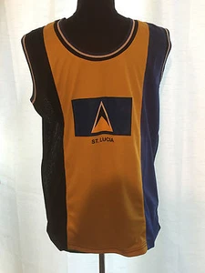 ST LUCIA BASKETBALL MESH VEST TOP - BLACK YELLOW BLUE WITH FLAG PRINT - Picture 1 of 2