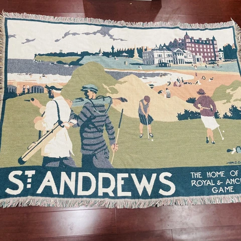 Vintage St Andrews Golf Course Afghan Throw Blanket Tapestry Scotland Cawthorn Cover