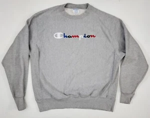 Champion Logo Reverse Weave Gray Long Sleeve Crewneck Sweatshirt Shirt Men's L - Picture 1 of 5
