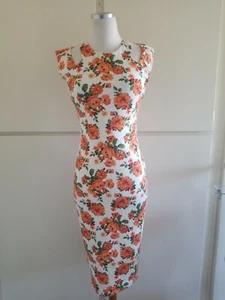 Va Va Voom Ivory/Orange/Green Floral Knit Sheath Dress . Shoulder Cutouts,M, EUC - Picture 1 of 8