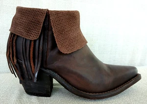 Justin Ankle Boots Reba 7.5B Women Brown Leather Fringe Cowboy Cuff Western New - Picture 1 of 11