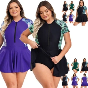 Badekleid Damen Sommer Kurzarm Reißverschluss Bauchweg Badeanzug Hawaii Motive - Picture 1 of 70