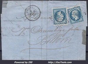 FRANCE N°14Bx2 SUR LETTRE PC 3347 THIERS PUY DE DOME + CAD DU 09/02/1862 - Picture 1 of 2