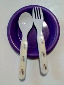 Baby's Flatware Fork Spoon Dog Rabbit Carrot Purple Plate 3 Items - Picture 1 of 4