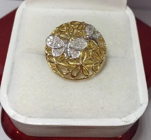 New 14k Yellow Gold Sterling Silver Diamond Flower Butterfly Pave Artisan Ring 7 - Picture 1 of 11