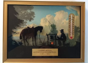 Pintura de silueta inversa de la década de 1940 sobre vidrio con termómetro vaquero y caballo bien - Imagen 1 de 7