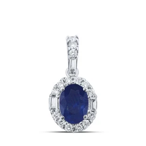 14K White Gold Womens Diamond Oval Blue Sapphire Diamond Oval Pendant 1 Cttw - Picture 1 of 2