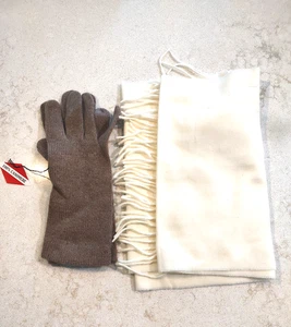 Guanti color cammello e sciarpa avorio cashmere nuovi frange morbidi caldi lunghi 54" - Foto 1 di 5