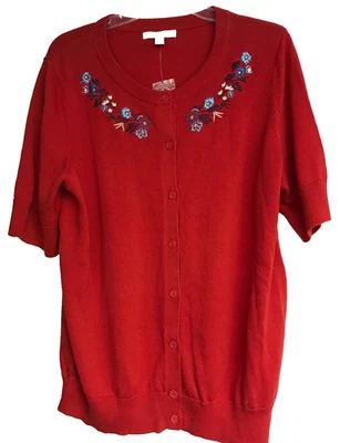 Женщина в большой вышитый свитер кардиган 18/20 новый без ЯРЛЫКОВ красный короткий рукав вязаный - Изображение 1 из 4