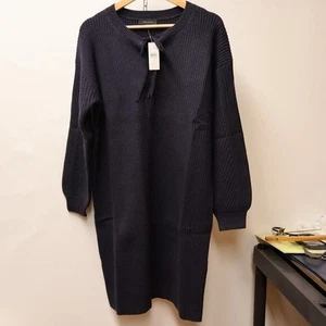 Ann Taylor Neu mit Etikett Pulloverkleid mit Schnürung am Ausschnitt Midi vorne zum Binden dunkelblau lange Ärmel - Bild 1 von 16