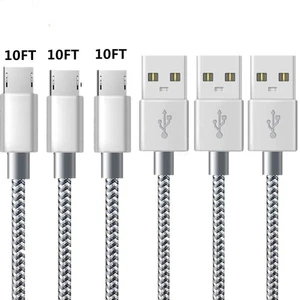 Micro USB Cable [3-Pack 10FT/3M Ultra Long Worry-free Gaming] Charging Cable And - Picture 1 of 5