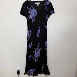 Vintage 90er Damen Whimsigoth Maxikleid XL schwarz lila stimmungsvoll Blumen Chiffon - Bild 1 von 7