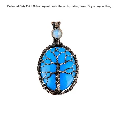 Copper Sleeping Beauty Turquoise Stone Rainbow Moonstone Tree Of Life Pendant - Image 1 of 4