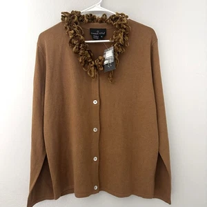 Carole Little Womens Size-XL Cardigan Silk Cashmere Camel Brown Ruffle Neck - Picture 1 of 10