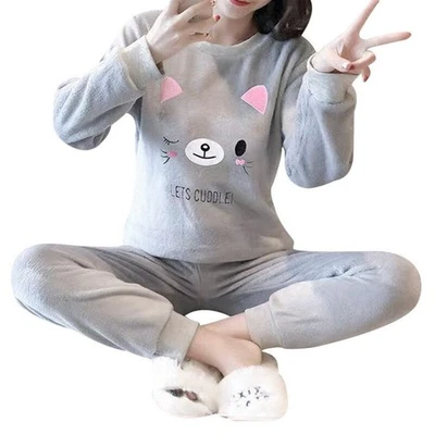 Damen Fraue Winter Fleece Kuschelig Flauschig Warm Weich Pyjama Schlafanzug Set - Bild 1 von 3