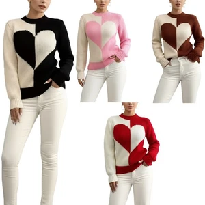 Maglione donna cuore a contrasto maglia maglione manica lunga pullover abbigliamento invernale top - Foto 1 di 24