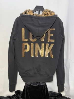 ROSA Sudadera con Capucha Cremallera con Forro Estampado de Leopardo Imitación Talla Med, "Love Pink" en Dorado Foto 1 de 2