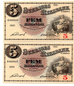 Sweden ... P-33ah ... 5 Kronor ... 1952 ... *UNC* Prefix "E/(C) Consecuti Pair - Picture 1 of 2