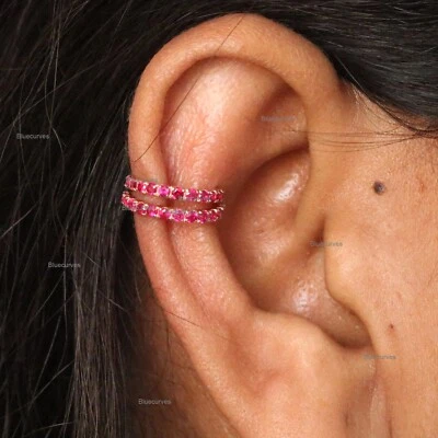 0.43ct Natural Ruby Gemstone Solid 14k Yellow Gold Ear Cuff Earrings Jewelry - Image 1 of 4