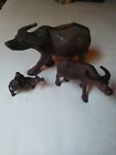 Vintage Set Of 3 Hand Carved Wood Water Buffalo Ox Sculptures Chinese Boxwood