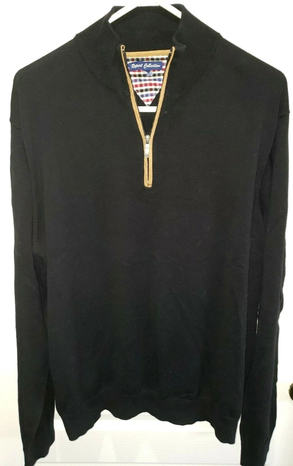 REPORT COLLECTION mens solid black SWEATER TOP zipper at neck LARGE/XL nice @@ - Image 1 of 1