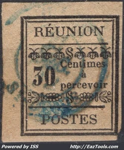 REUNION BRIEFMARKE STEUER 30c SCHWARZ NR. 5 MIT BLAUER STEMPELUNG - Bild 1 von 2