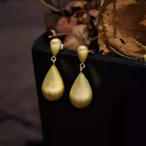 Authentic 18K Gold Earrings Water Drop Dangle Frosting Teardrop 100% Yellow Gold - Picture 1 of 6