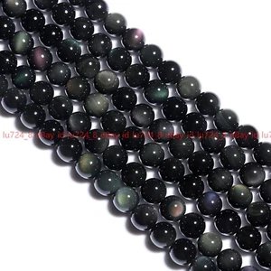 Natural Black Rainbow Eye Obsidian Gem Round Loose Beads 15" for Jewelry Marking - Picture 1 of 12