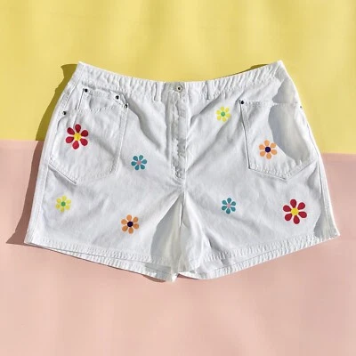 Vintage 1990s Upcycled Hand-Painted White Floral Denim Shorts Plus Size 20/22 - Image 1 of 4