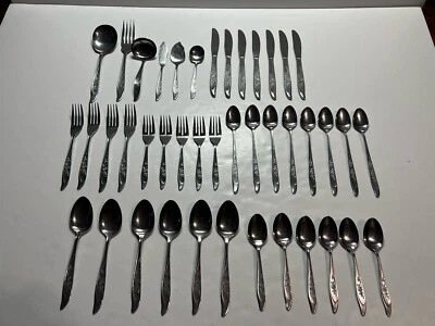 Lote Vintage 42 Piezas CUBIERTOS SILUETA SST1 ROSA ACERO INOXIDABLE MCM Floral Japón Foto 1 de 4