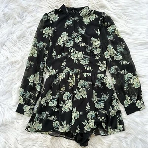 NWOT Women’s Size 6 Topshop Gray Mint Floral Long Sleeve Romper Jumpsuit - Picture 1 of 11