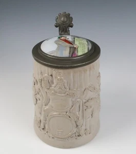 Antiguo gres Gambrinus Stein del siglo XIX Ratisbona con incrustaciones tapa HP alemana 0,5 L - Imagen 1 de 16