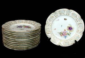 12 KPM Berlin Hand Painted Floral Meadow Molded Gold Scrollwork 10 1/4" Plates - Picture 1 of 24