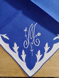 Vgt M Monogram White Embroidery On Royal Blue Cotton Hankie Handkerchief - Picture 1 of 3