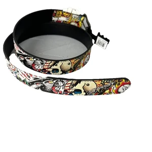 Ed Hardy Herren Totenkopf Tiger Panther Print Gürtel mit gehämmerten Nieten Gr. 38 - Bild 1 von 10