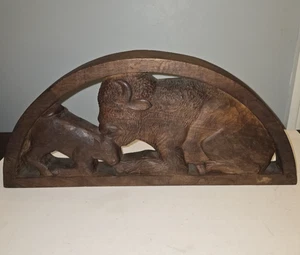 Vintage Hand Carved Buffalo and Calf Sculpture 17" Western Folk Art Solid Rustic - Picture 1 of 24