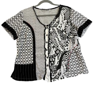 Orientique Womens Top Size 16 White Black Pattern Short Sleeve Button Front - Foto 1 di 20