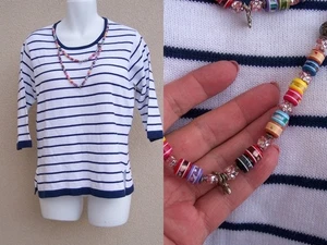Storybook Knits NEW sweater top size L attached Necklace Stripe Blue White NWT - Picture 1 of 11